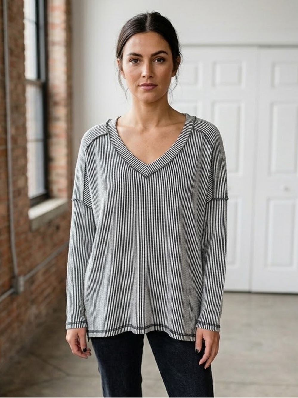 Zenana Outfitters Black & White Striped V-Neck Long Sleeve Top